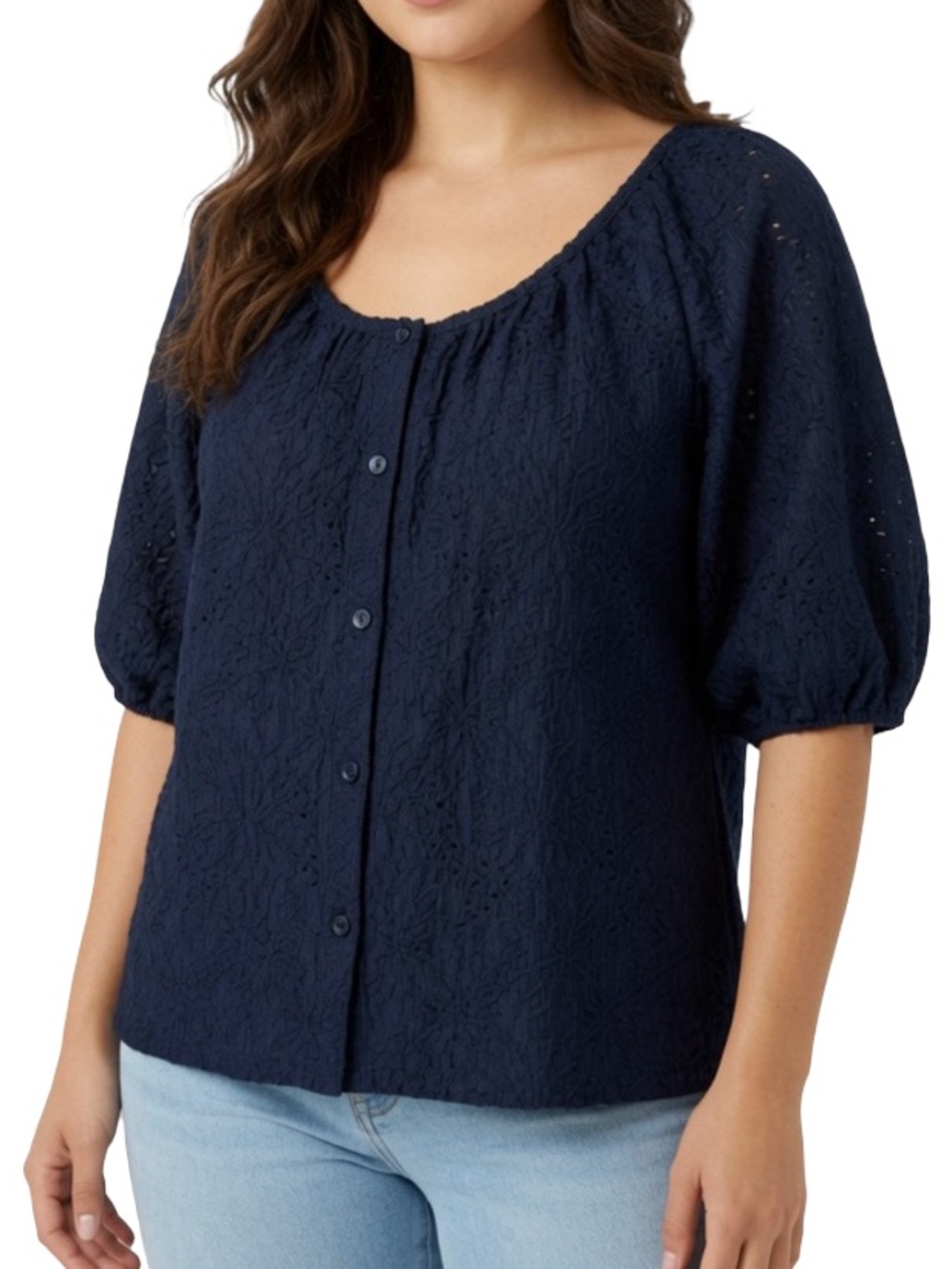 Michael Kors Eyelet Button Up Blouse Puffy Sleeve Midnight blue XL NWT